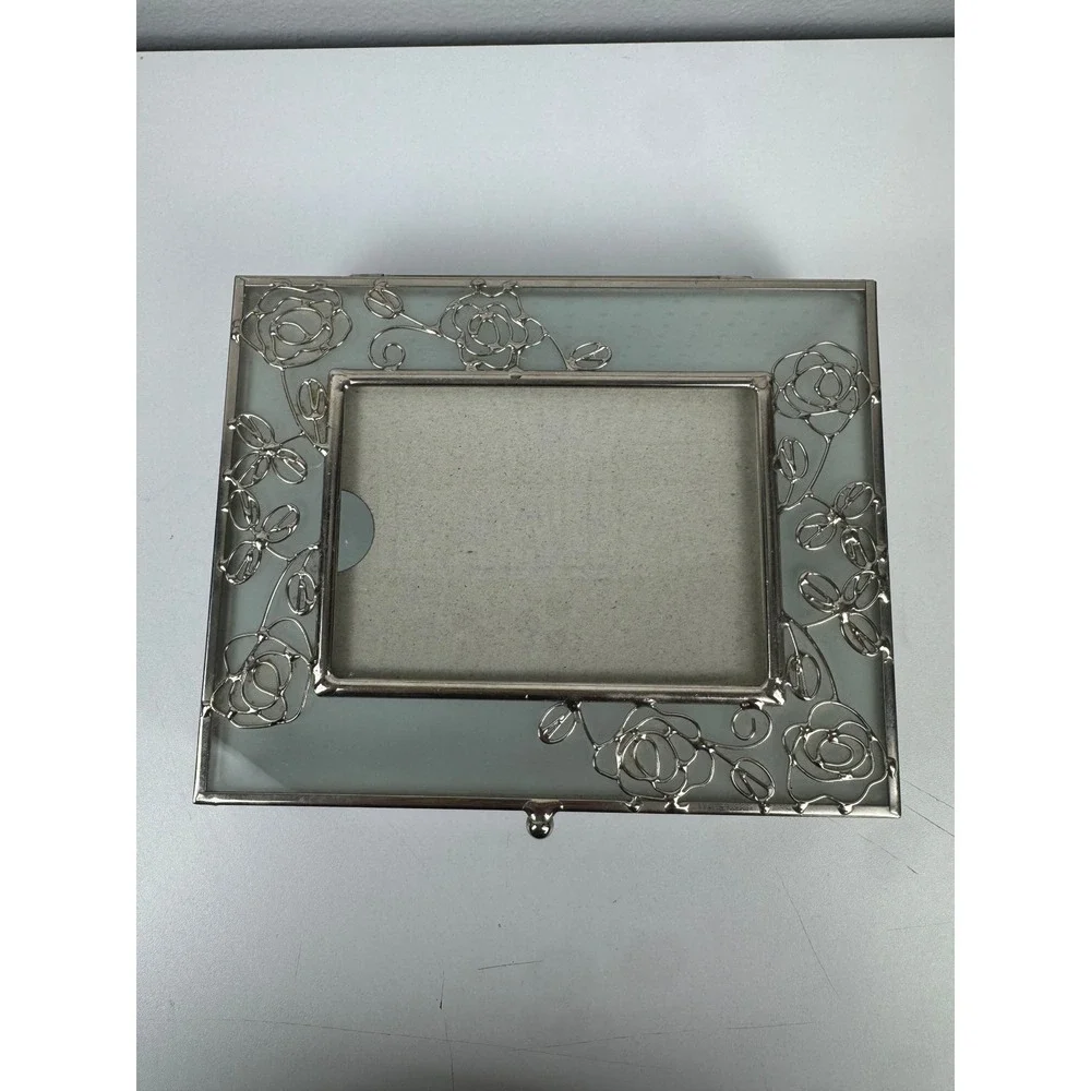 Vtg Frosted Glass Trinket Box Silver Rose Filigree Picture Frame Jewelry